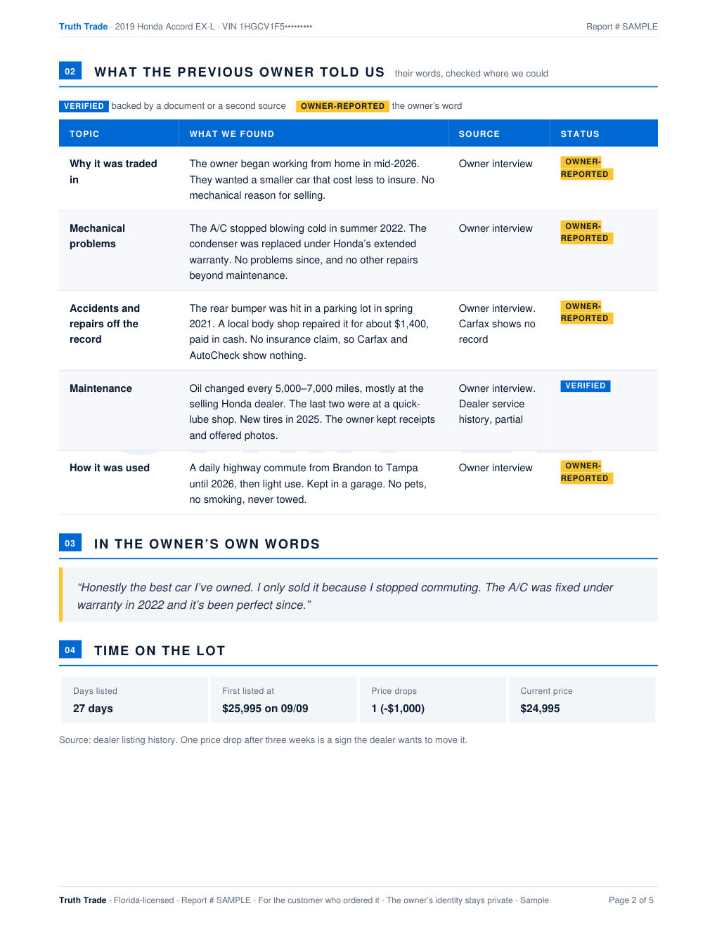 Example Truth Trade report, page 2 of 5