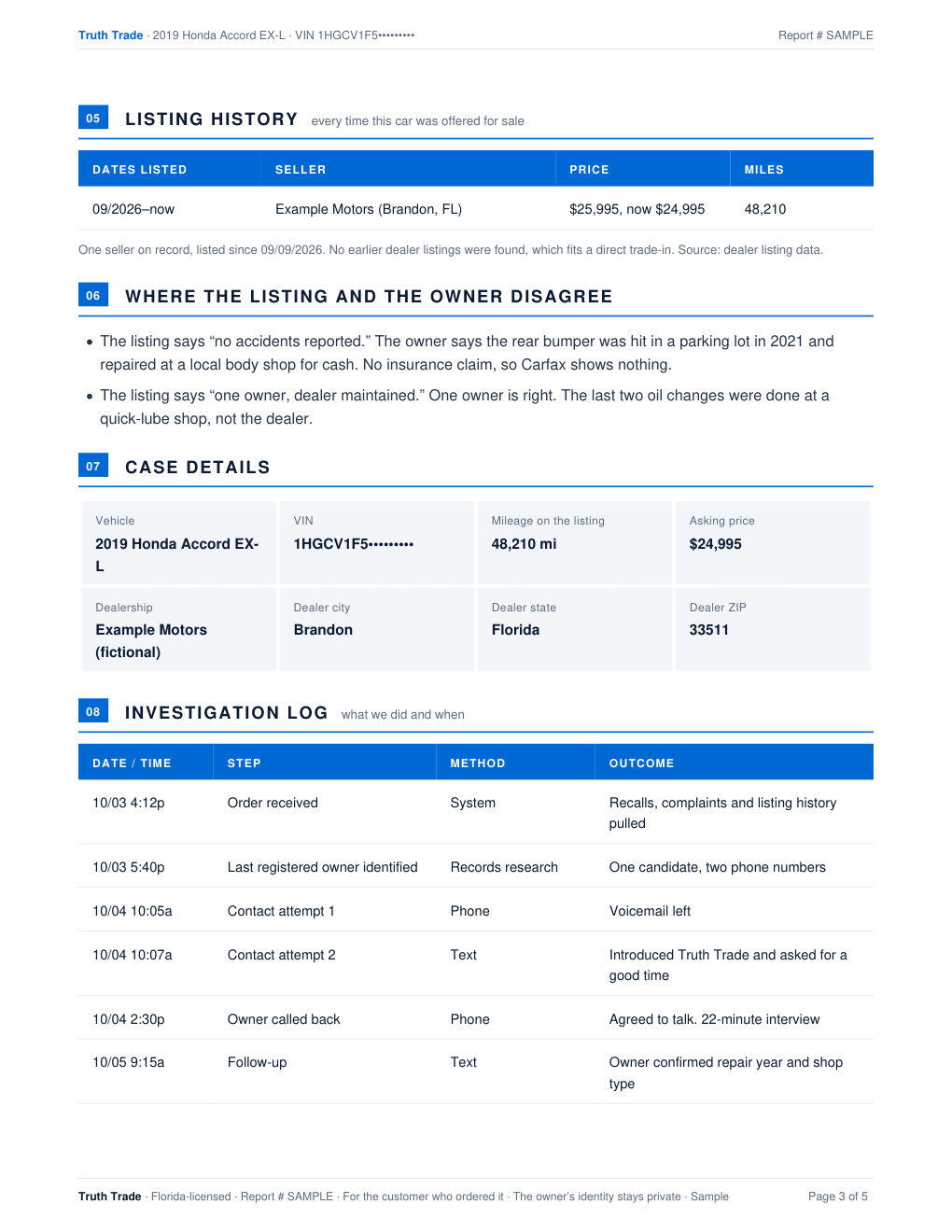 Example Truth Trade report, page 3 of 5