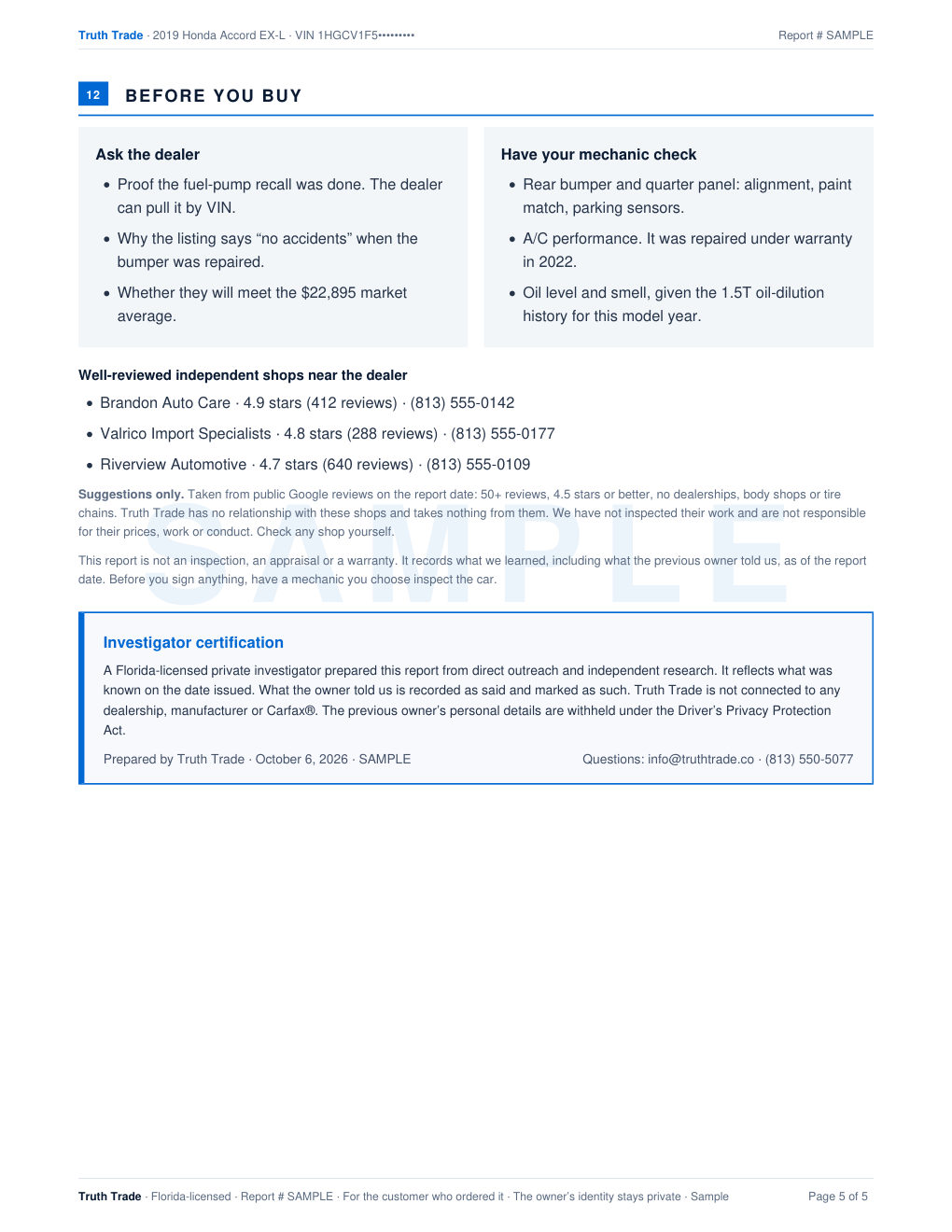 Example Truth Trade report, page 5 of 5